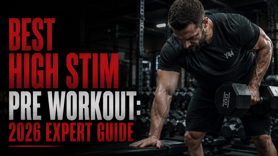 a man in a black shirt performing dumbbell rows with the text 'best high stim preworkout' in the foreground