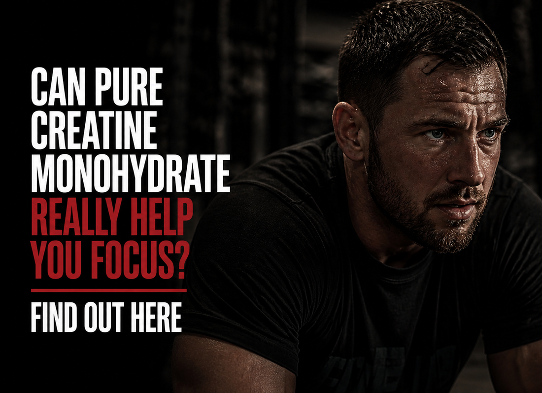 a man looking into the distance in a gym setting with text about creatine on the left