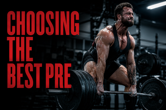 a man lifting weights in a dark gym with red text reading 'choosing the best pre'