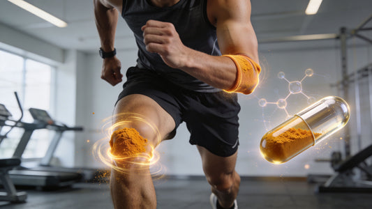 a man in a gym running with a floating representation of a pill with circumin c3 complex inside