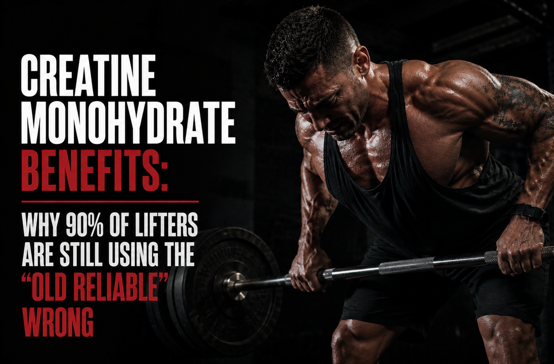 man doing rows with text reading 'creatine monohydrate benefits' in the foreground