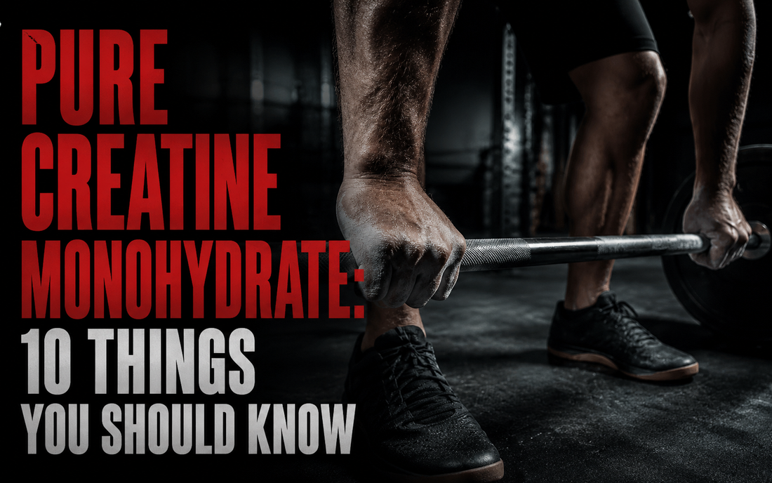 a man's hands holding a barbell with chalk on them and the text 'Pure Creatine Monohydrate: 10 Things You Should Know"