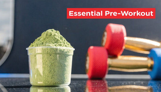 a cup of green powder next to red and blue dumbbells