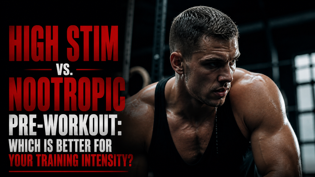 a sweaty man looking over his shoulder with red text in the foreground reading 'high stim vs nootropic pre-workout'