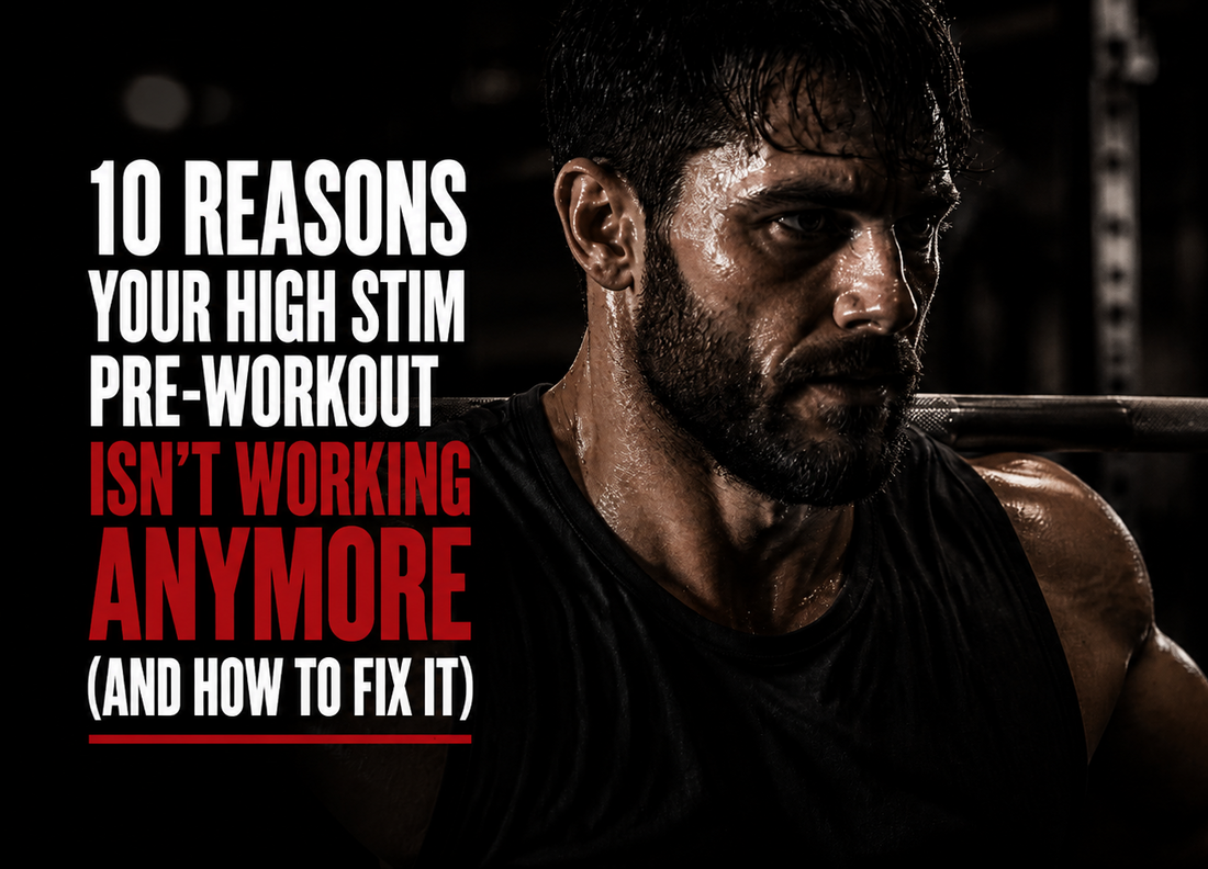 a man working out in a gym with text about high stim preworkout