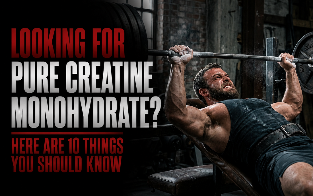 a man bench-pressing next to text about Creatine Monohydrate