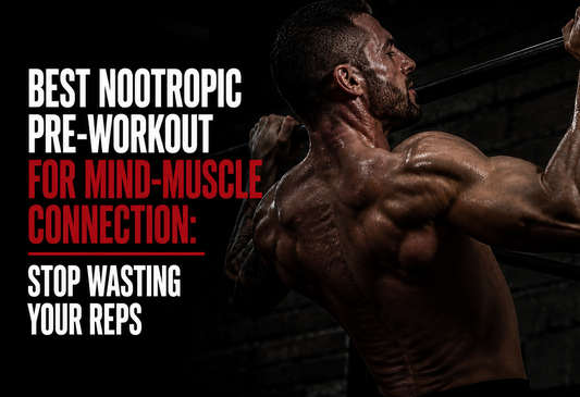 a man performing pullups with text about nootropic pre-workout