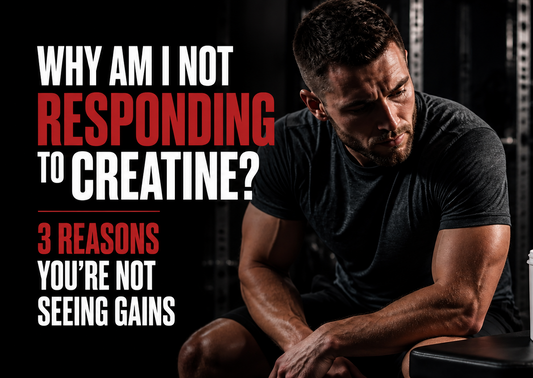 Man sitting with a container of creatine, text about not responding to creatine, gym setting