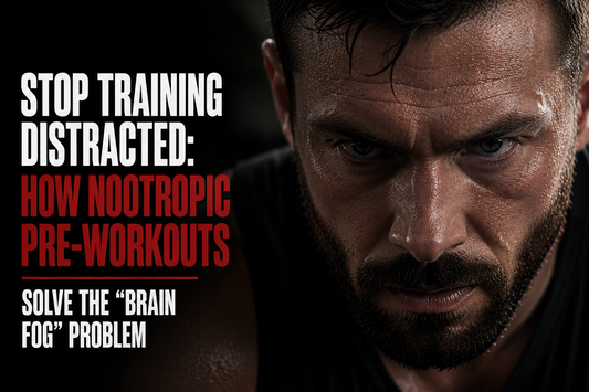 a man with an intense stare and text about nootropic pre-workout on the left