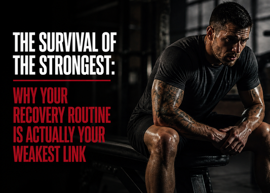 a sweaty man sitting on a bench in a gym setting with text about recovery routines on the left