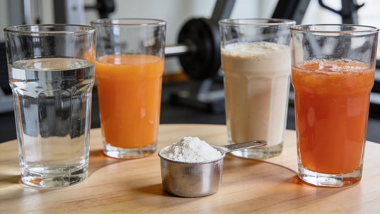 various glasses of orange liquid with a cup of Creatine in the foreground