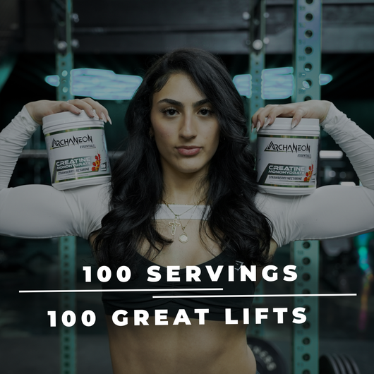 Woman holding two containers of Archaneon Supplements preworkout with gym equipment in the background