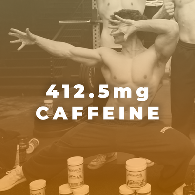 Person in a gym setting with caffeine supplement containers and text '412.5mg Caffeine'.