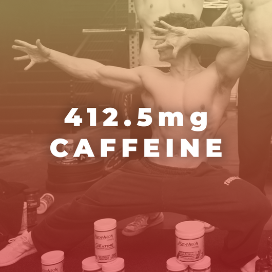 Person exercising with a focus on caffeine intake, featuring containers labeled '412.5mg Caffeine'.