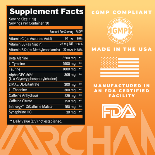 Supplement facts label with various vitamins and ingredients on an orange background, featuring GMP, USA manufacturing, and FDA certification logos.
