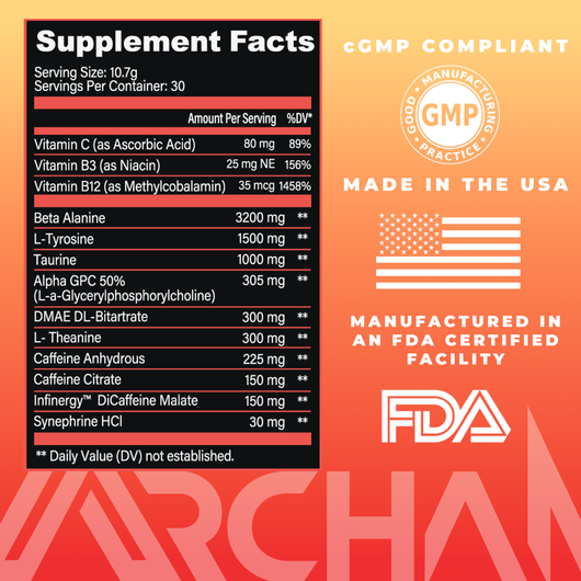 Supplement facts label with various vitamins and ingredients on a red and orange background, featuring GMP, FDA, and USA manufacturing certifications.