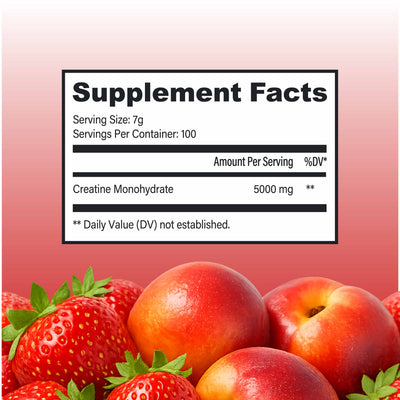 Supplement facts label with fruits on a pink background