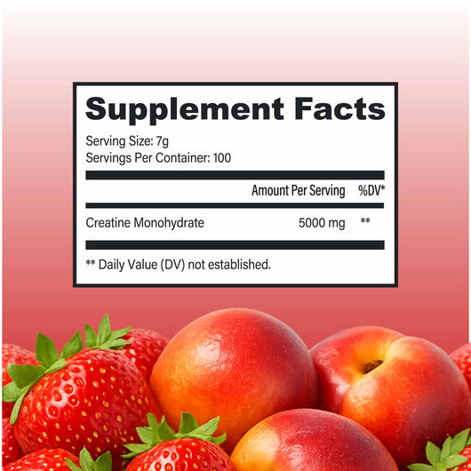 Supplement facts label with fruits on a pink background