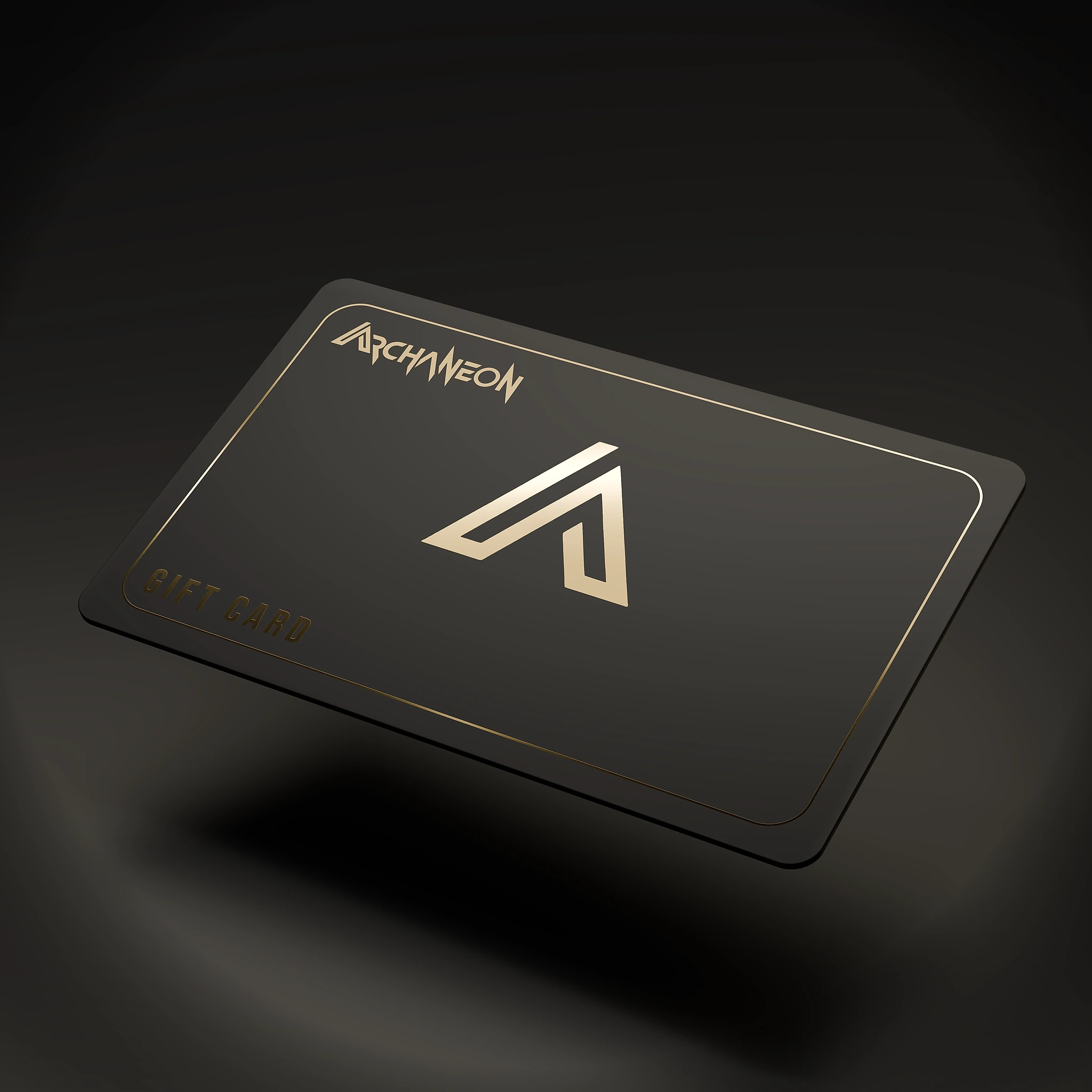 Archaneon gift card — black card with a gold foil monogram and wordmark